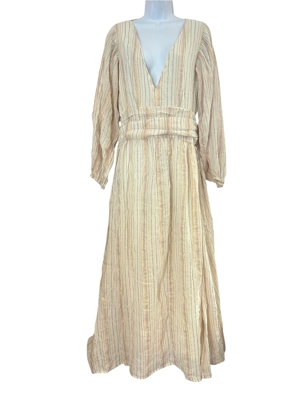 Jen’s Pirate Booty Lapis Maxi Dress M Cream Striped Long Sleeve Beach Boho